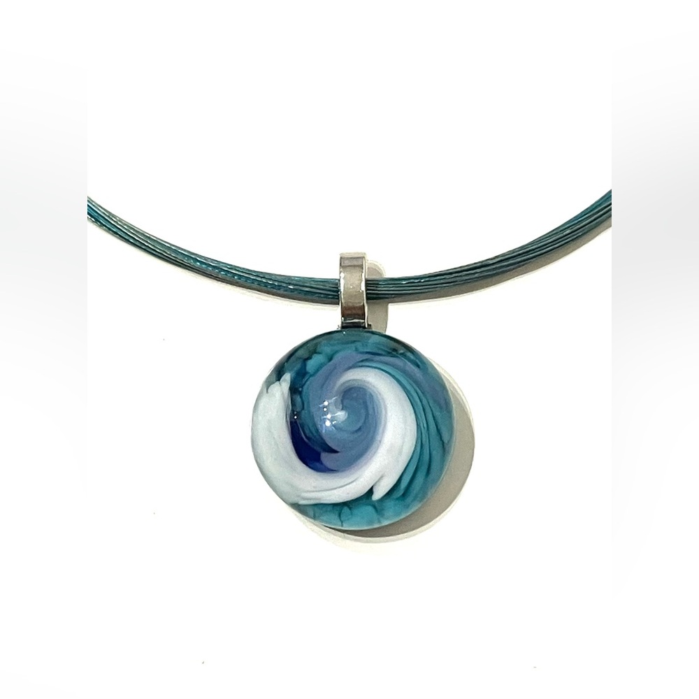 Handmade Glass Pendant 925 Silver Titanium Cable Necklace 18”